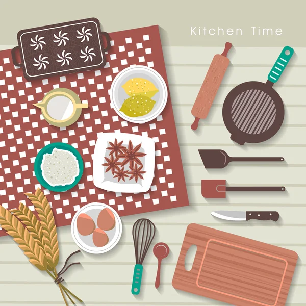 Ingredienti di cottura sul tavolo della cucina in design piatto — Vettoriale Stock