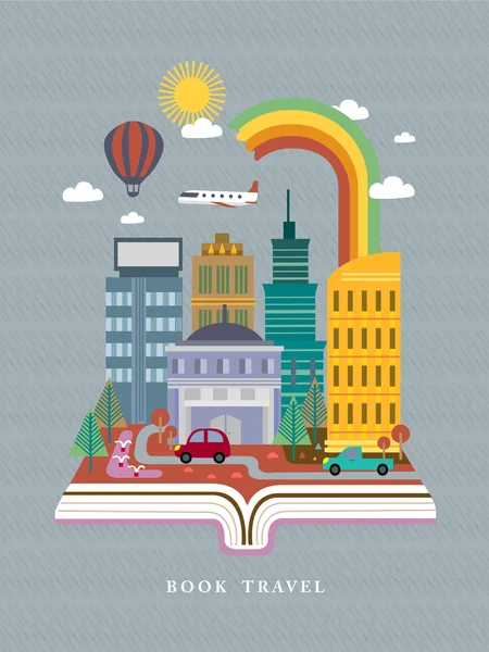 Libro abierto con escena de calle de la ciudad en diseño plano — Vector de stock