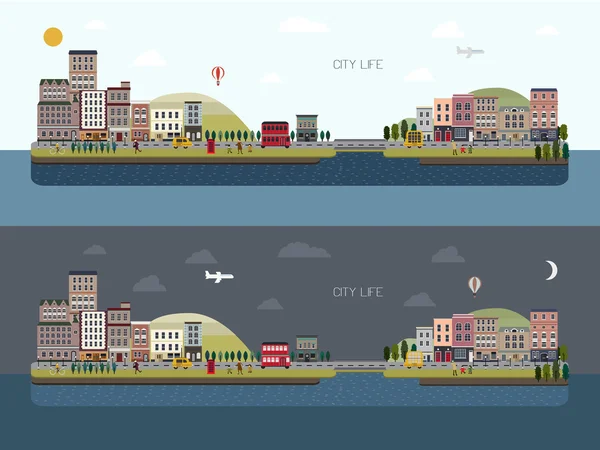 Mooie stad landschap dag en nacht in plat ontwerp — Stockvector