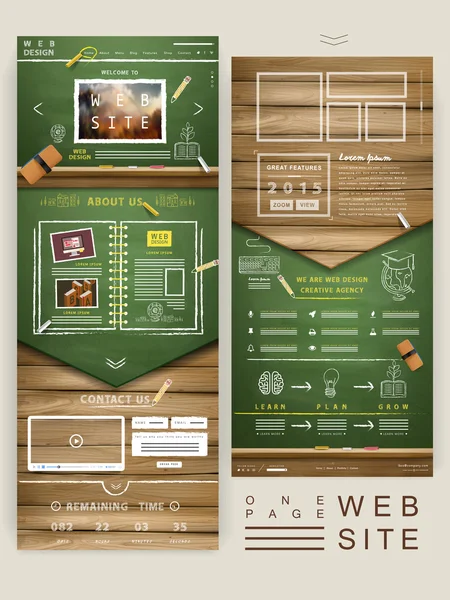 Design de site de uma página com quadro e parede de madeira —  Vetores de Stock