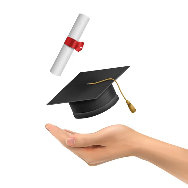 3d mano sosteniendo un sombrero de graduación y diploma — Vector de stock