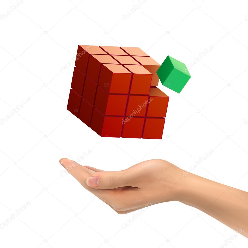 3d hand holding magic cube 