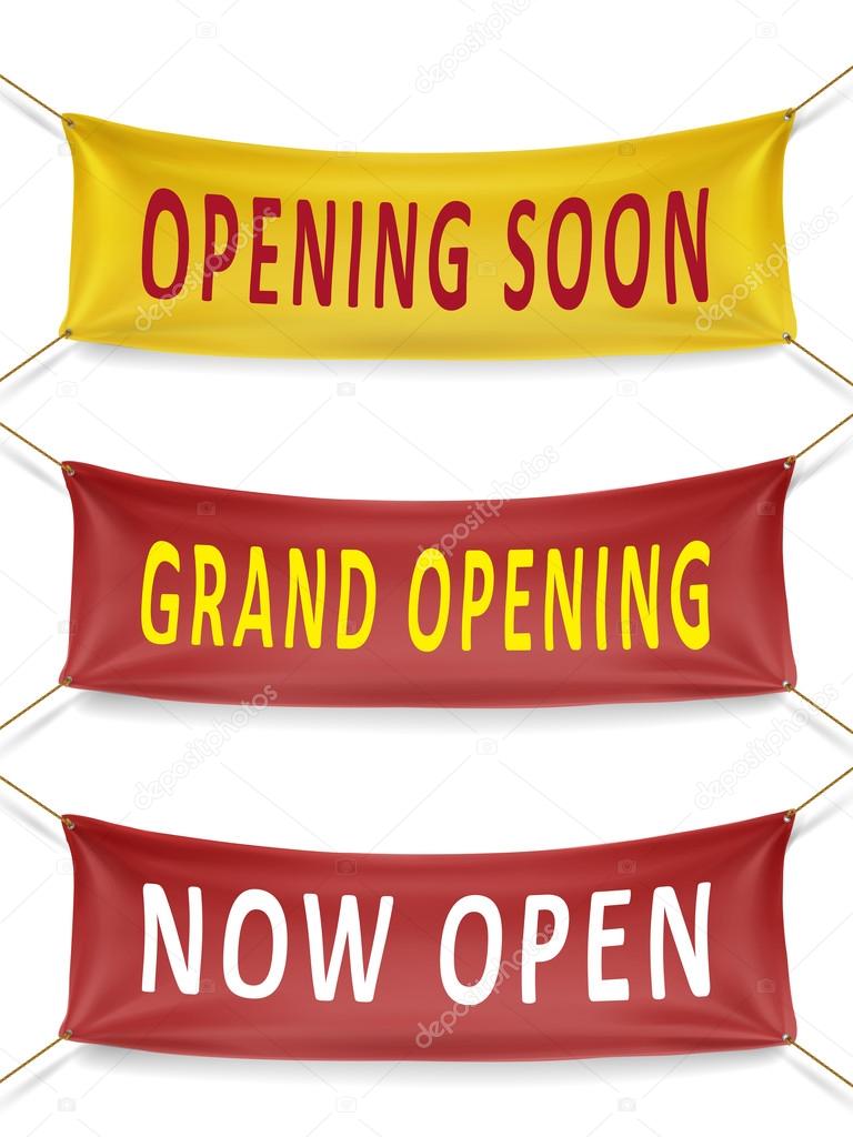 Opening soon, grand opening and now open banners over white background