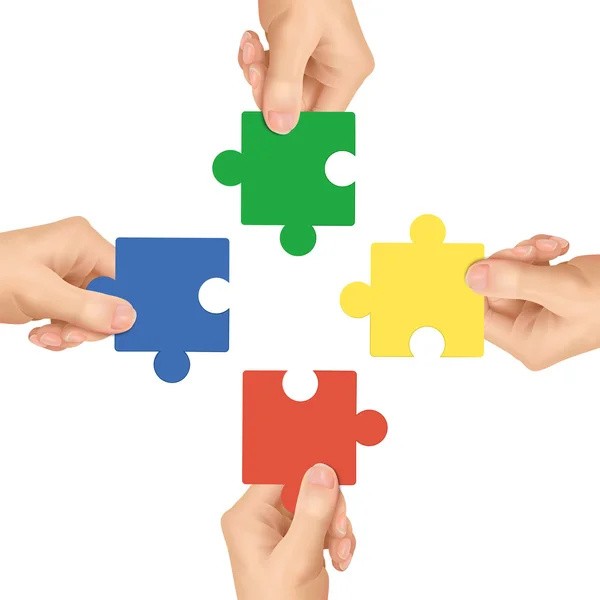 Cooperation concept: hands holding jigsaw pieces — Stock Vector