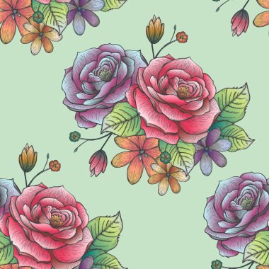 Retro sorunsuz elle çizilmiş gül deseni