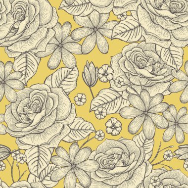 Retro sorunsuz elle çizilmiş gül deseni