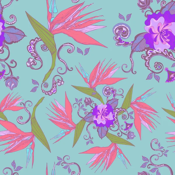 Oiseau moderne de fleurs de paradis motif sans couture — Image vectorielle