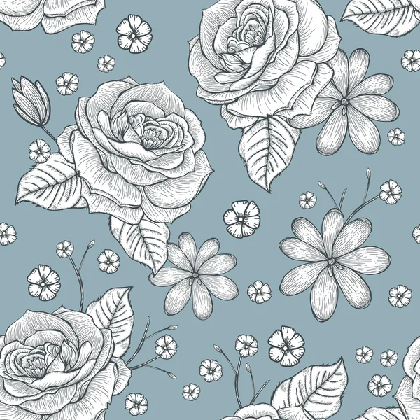 Retro seamless hand drawn rose pattern — Stock Vector