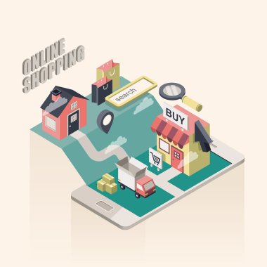 düz 3d izometrik online alışveriş illüstrasyon 