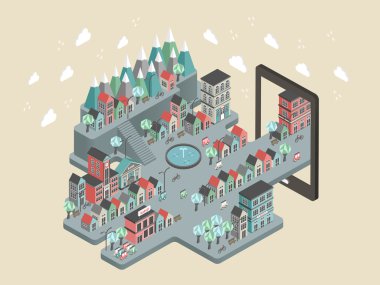 düz 3d izometrik şehir sahne illüstrasyon