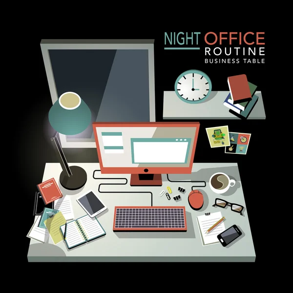 Platte 3d isometrische nacht office routine illustratie — Stockvector