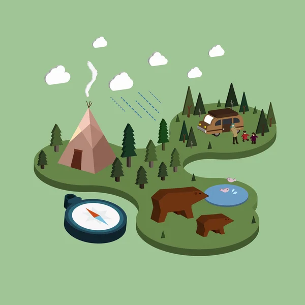 Plano 3d isométrica vida de camping ilustración — Archivo Imágenes Vectoriales