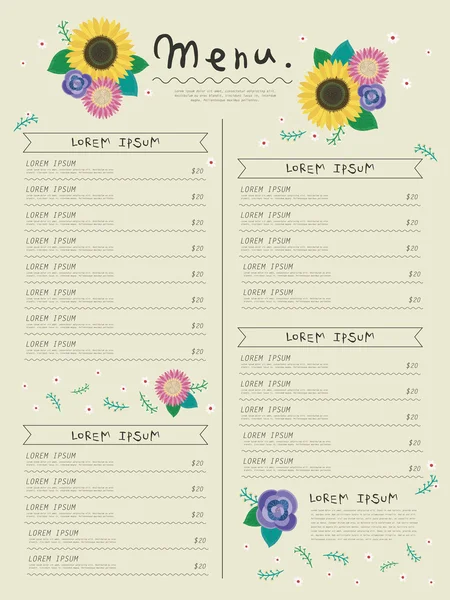 Adorable menu restaurant design avec des fleurs de soleil — Image vectorielle