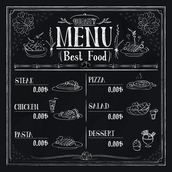 Design de menu restaurante retro com comida desenhada à mão — Vetor de Stock
