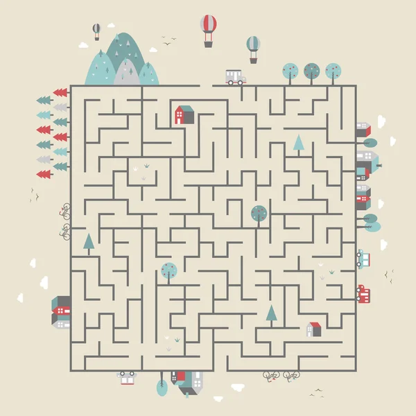 Čtvercový labyrint s roztomilou země scény — Stockový vektor