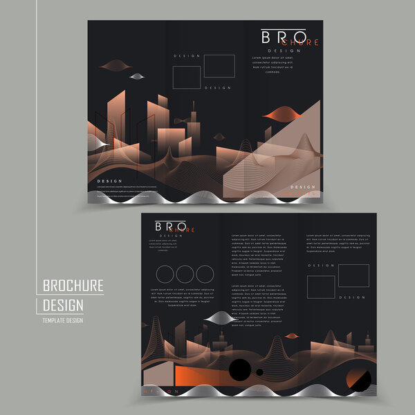 futuristic tri-fold brochure with abstract city scenery 