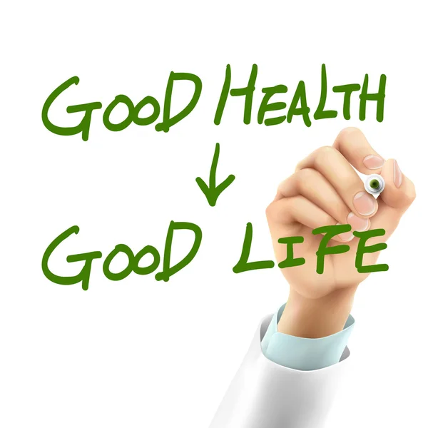 Врач пишет хорошее здоровье сделать хорошие слова жизни — стоковый вектор