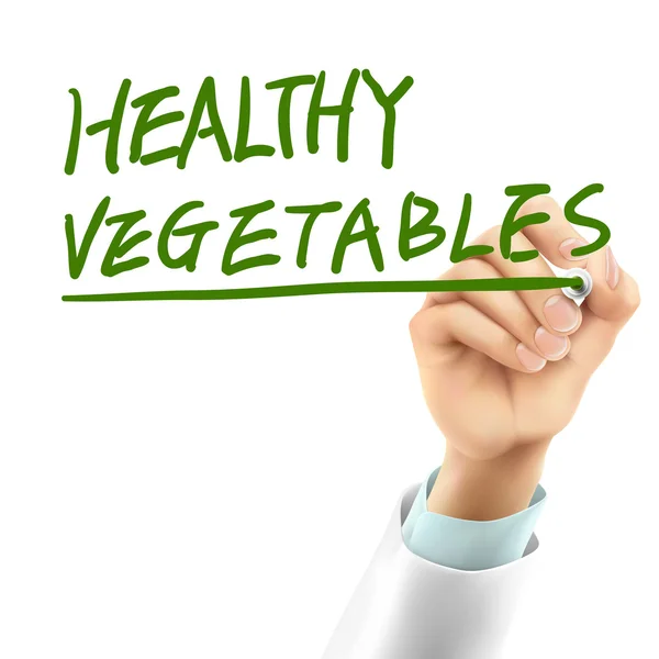 Medico scrivendo parole verdure sane — Vettoriale Stock