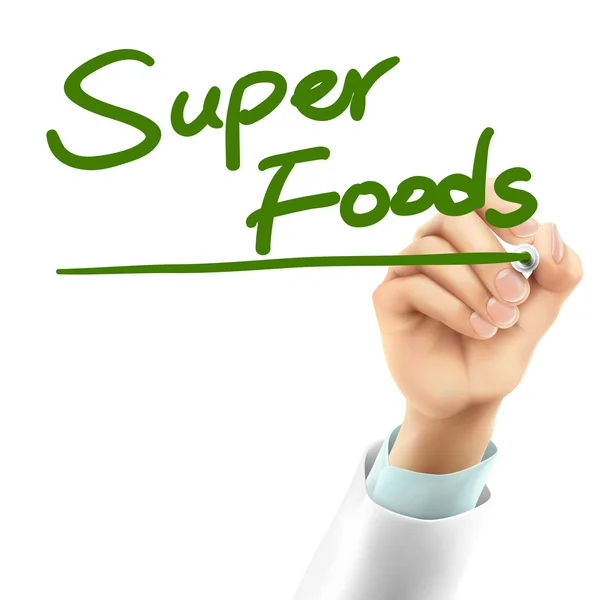 Doctor writing super foods words — Stock Vector