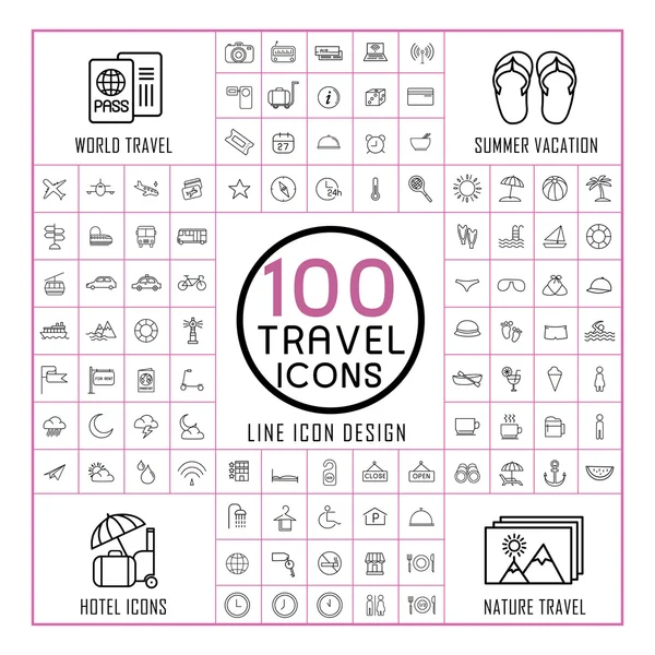 Encantador 100 iconos de viaje conjunto — Vector de stock