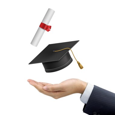 businessman's hand holding a graduation hat and diploma clipart