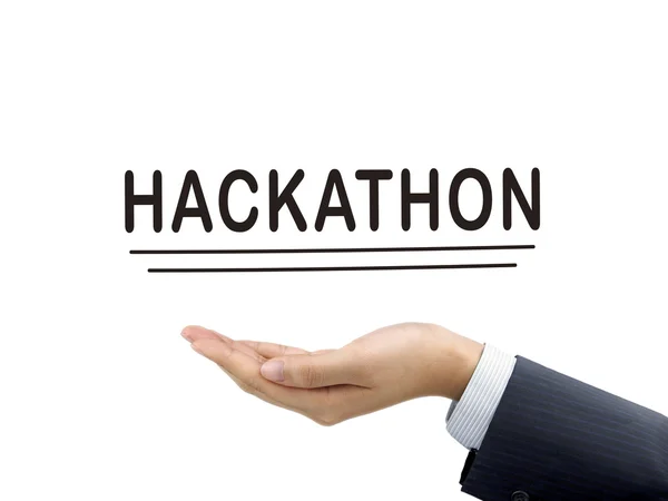 Hackathon Wort halten durch die Hand des Geschäftsmannes — Stockfoto