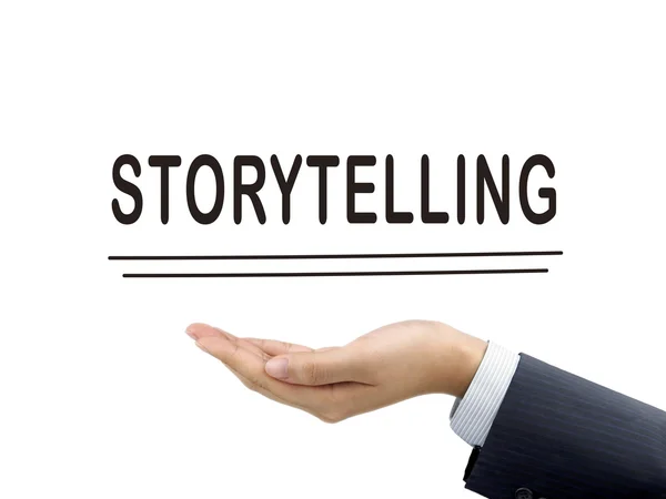 Storytelling woord houden door zakenman hand — Stockfoto