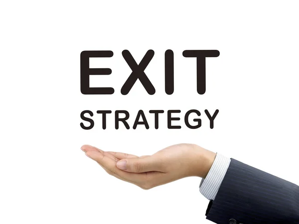 Exit-Strategie Worte an der Hand des Geschäftsmannes — Stockfoto