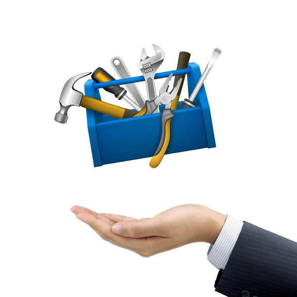 Businessman's hand holding tools box — Stock Photo, Image