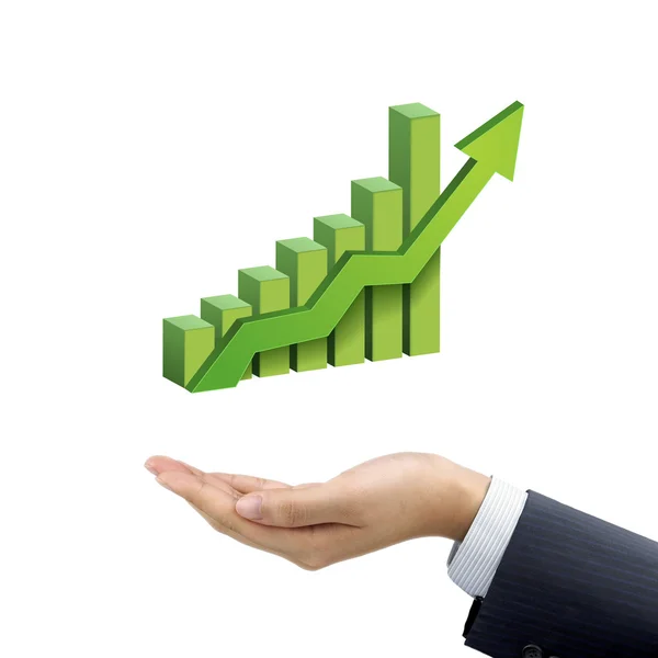 Businessman's hand holding bar graph with rising arrow — Stock Photo, Image