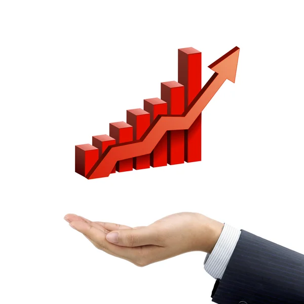 Businessman's hand holding bar graph with rising arrow — Stock Photo, Image