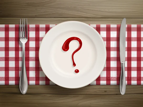 Знак вопроса нарисованный кетчупом на тарелке — стоковый вектор