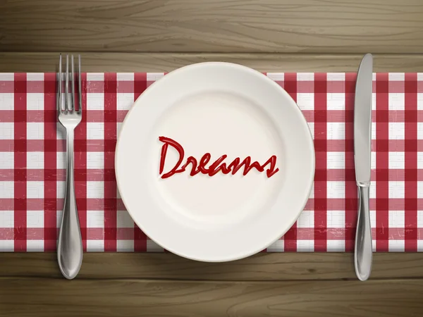 Όνειρα λέξη γράφτηκε από κέτσαπ σε ένα πιάτο — Διανυσματικό Αρχείο