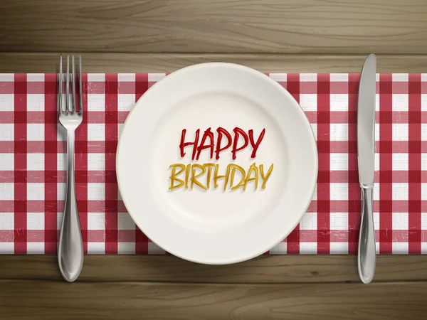 Щасливий день народження написаний кетчупом на тарілці — стоковий вектор