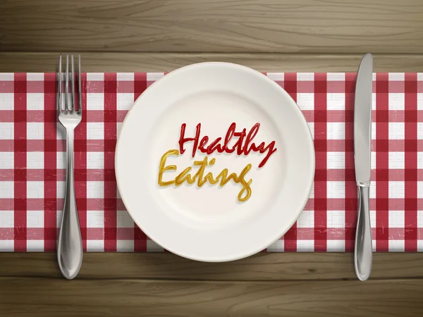 Здоровое питание, написанное кетчупом на тарелке — стоковый вектор