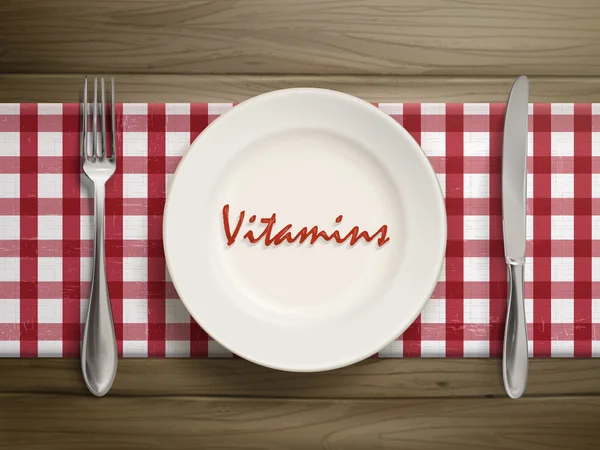 Palavra de vitaminas escrita por ketchup em uma chapa —  Vetores de Stock