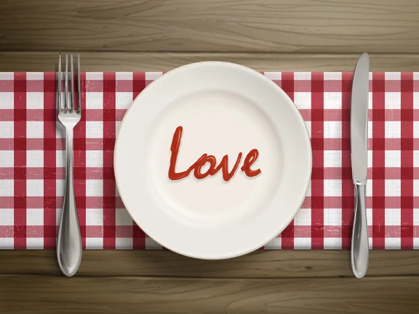 Liebeswort von Ketchup auf einem Teller geschrieben — Stockvektor