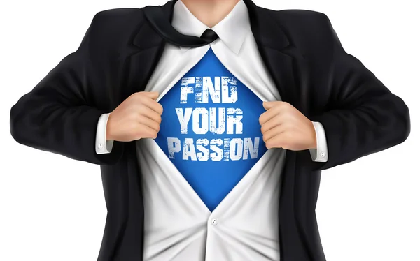 Businessman showing Find your passion words underneath his shirt — Stock Vector