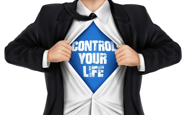 Businessman showing Control your life words underneath his shirt — Stock Vector