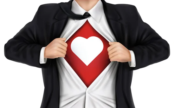 Hombre de negocios mostrando el icono del corazón debajo de su camisa — Vector de stock