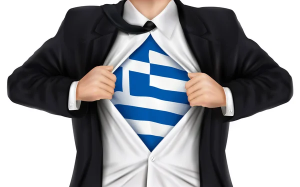 Hombre de negocios mostrando la bandera de Grecia debajo de su camisa — Vector de stock