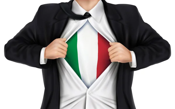 Hombre de negocios mostrando la bandera de Italia debajo de su camisa — Vector de stock