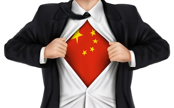 Hombre de negocios mostrando la bandera de China debajo de su camisa — Vector de stock
