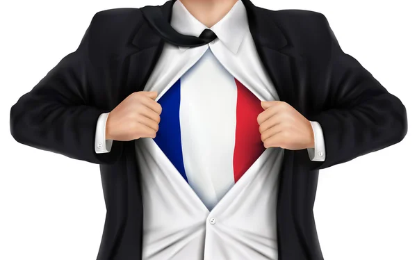 Hombre de negocios mostrando la bandera de Francia debajo de su camisa — Vector de stock