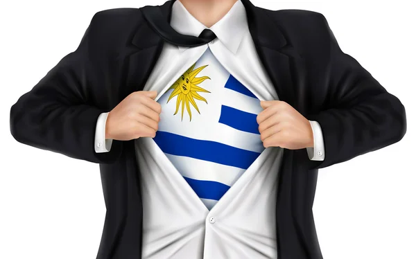 Biznesmen Wyświetlono flaga Urugwaju pod spodem koszulę — Wektor stockowy