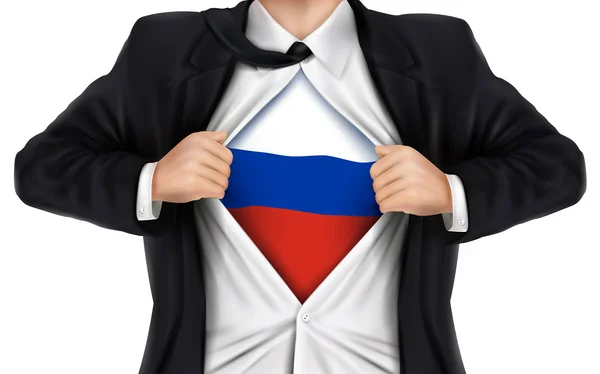 Hombre de negocios mostrando la bandera de Rusia debajo de su camisa — Vector de stock