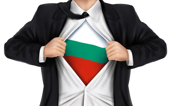 Hombre de negocios mostrando la bandera de Bulgaria debajo de su camisa — Vector de stock