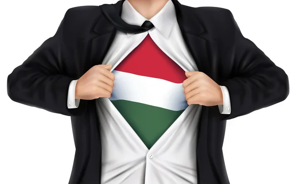 Hombre de negocios mostrando bandera húngara debajo de su camisa — Vector de stock