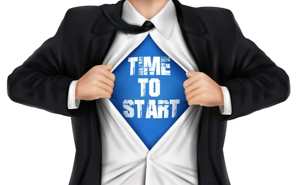 Podnikatel, ukazující čas začít slova pod košili — Stockový vektor