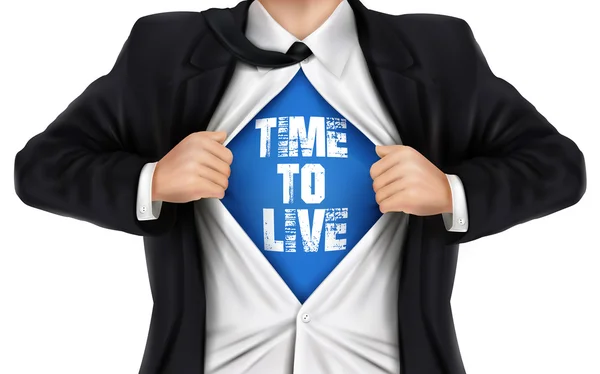 Hombre de negocios mostrando Tiempo para vivir palabras debajo de su camisa — Archivo Imágenes Vectoriales